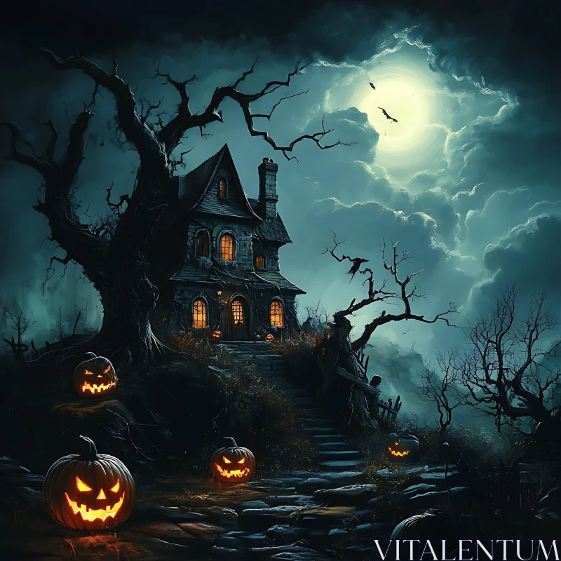 Eerie Full Moon Night at Spooky Haunted House AI Image