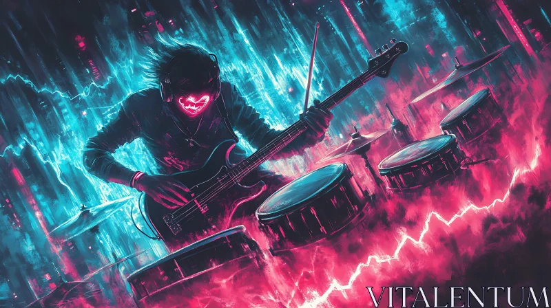 Cyberpunk Bassist and Drummer in Neon Lights AI Image