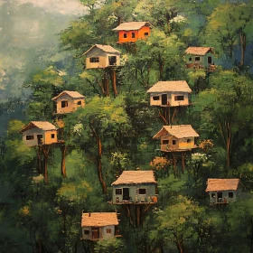 Colorful Treehouses Amid Foliage