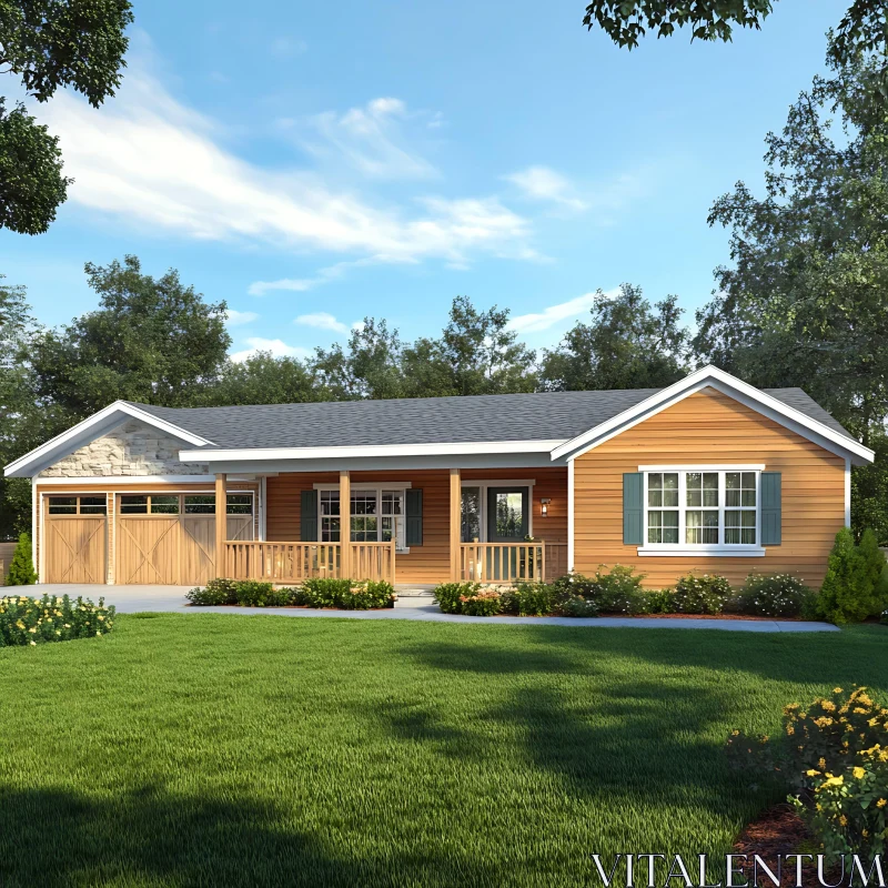 Modern One-Story Home with Large Front Porch AI Image