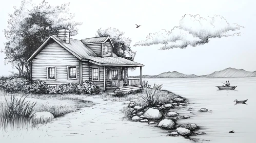 Peaceful Cabin by the Lake in Pencil Art