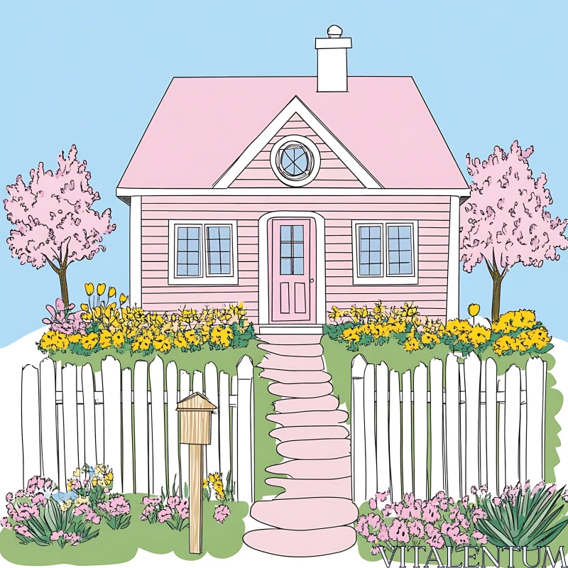 AI ART Pink Cottage with Garden