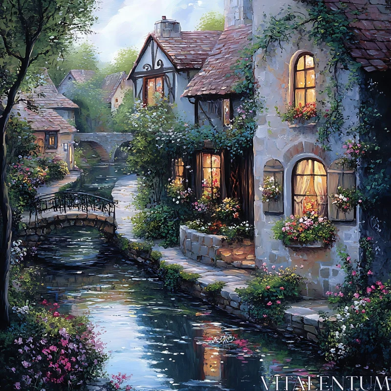 Picturesque Riverside Village with Flower-Adorned Houses AI Image