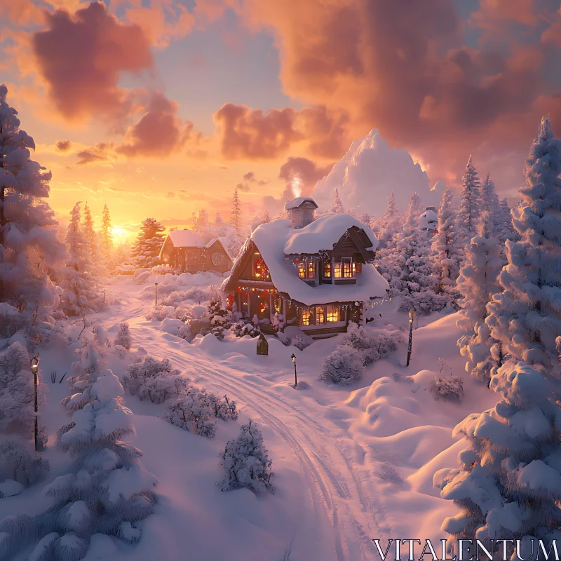 Warm and Cozy Cabin in Winter Wonderland AI Image