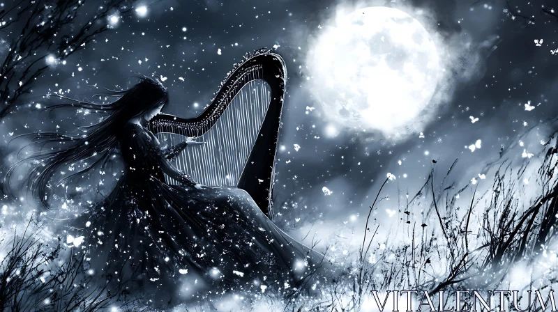 Mystical Night with Moonlit Harpist AI Image