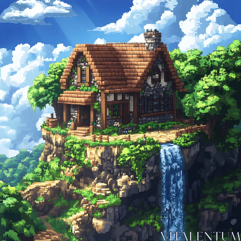 Scenic Mountain Cottage and Waterfall Pixel Art AI Image