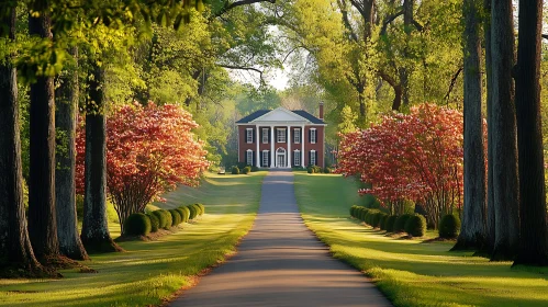 Colonial Mansion with Tree-Lined Path