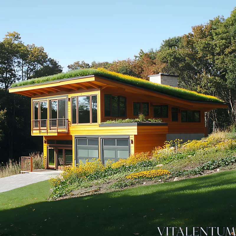 Eco-Friendly Home with Green Roof and Wooden Design AI Image