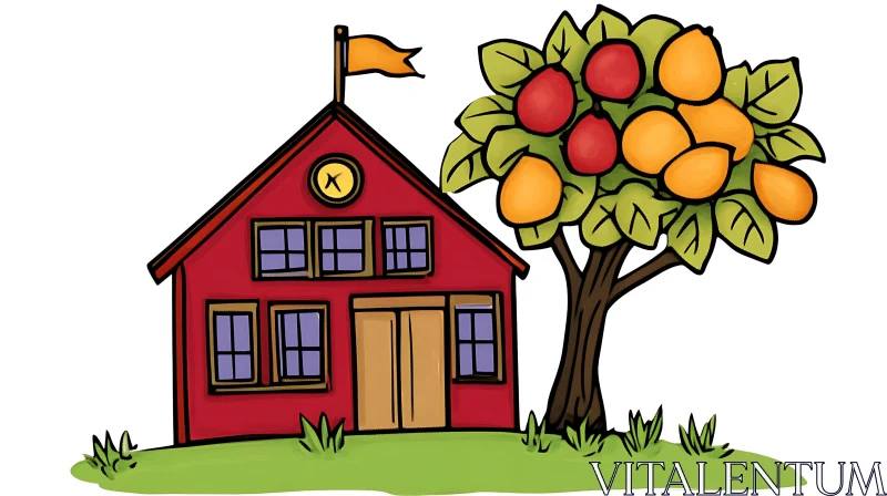 AI ART Whimsical Red House and Fruitful Tree Drawing