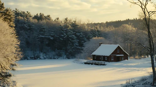 Tranquil Snowy Cabin in Forest