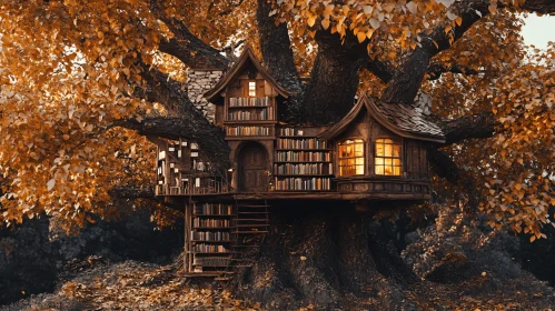 Cozy Treehouse Library in Autumn Setting