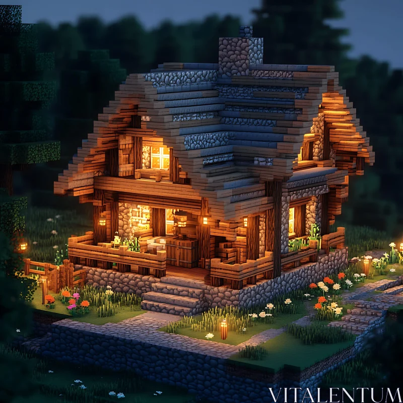 Rustic Cabin at Night in Pixel Art AI Image