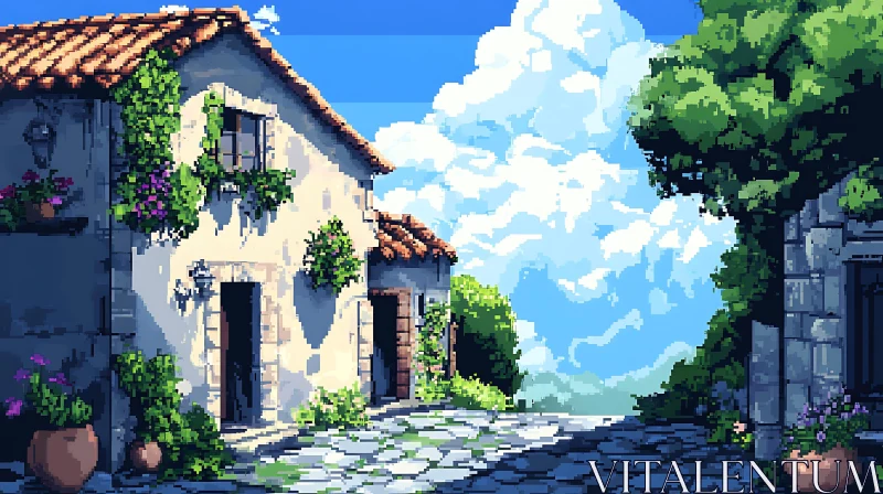 Pixelated Village with Blooming Flowers and Blue Sky AI Image