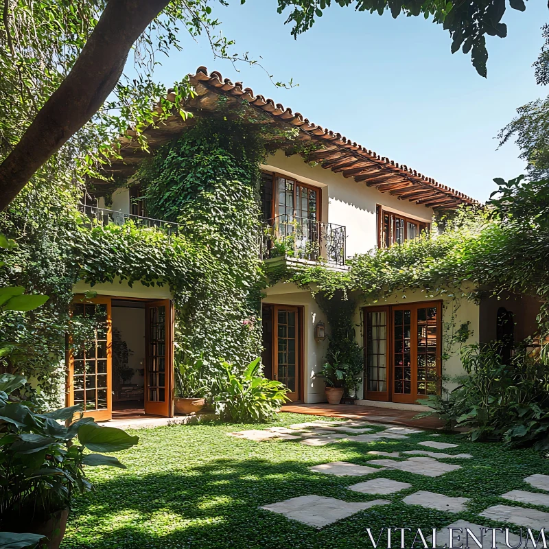 AI ART Serene Home with Wooden Doors and Greenery