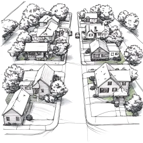 Black-and-White Suburban Street Illustration