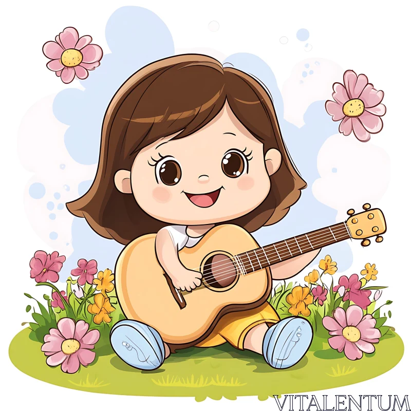 Cute Cartoon Girl with Guitar in a Flower Garden AI Image