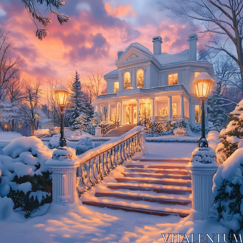 Snow-Covered Mansion Illuminated During Winter Sunset AI Image