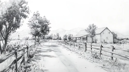 Monochrome Sketch of a Peaceful Countryside Road