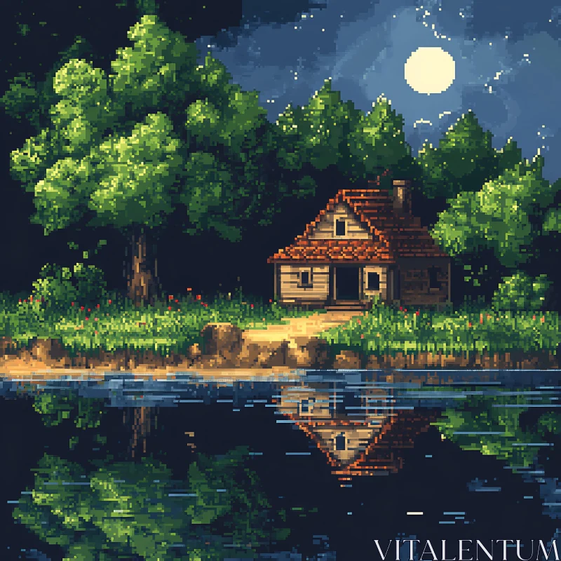 Serene Cabin in the Forest Under Moonlight AI Image