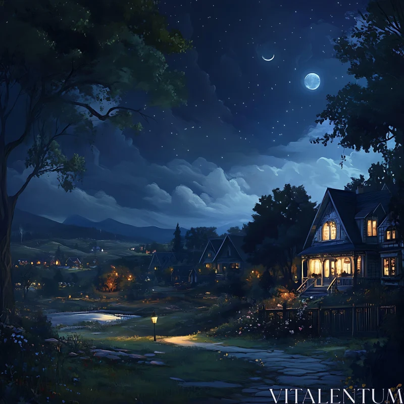 Peaceful Night Scene in Rural Landscape AI Image