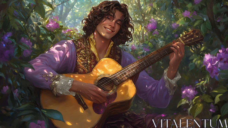 Musician Amidst Blooming Nature Scene AI Image