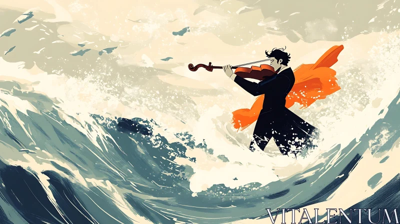 Musician Among Waves - Surreal Artwork AI Image