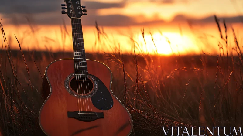 Guitar in Golden Sunset over Grass Field AI Image