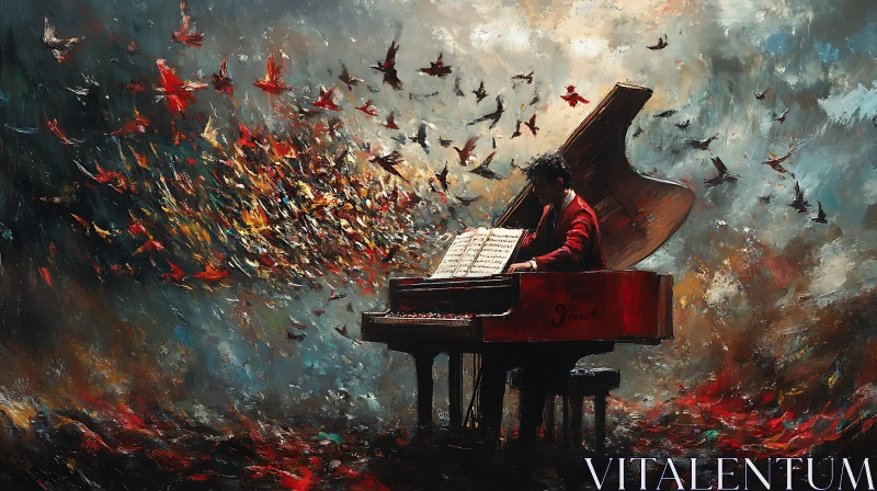 AI ART Abstract Art: Pianist and Birds in Motion