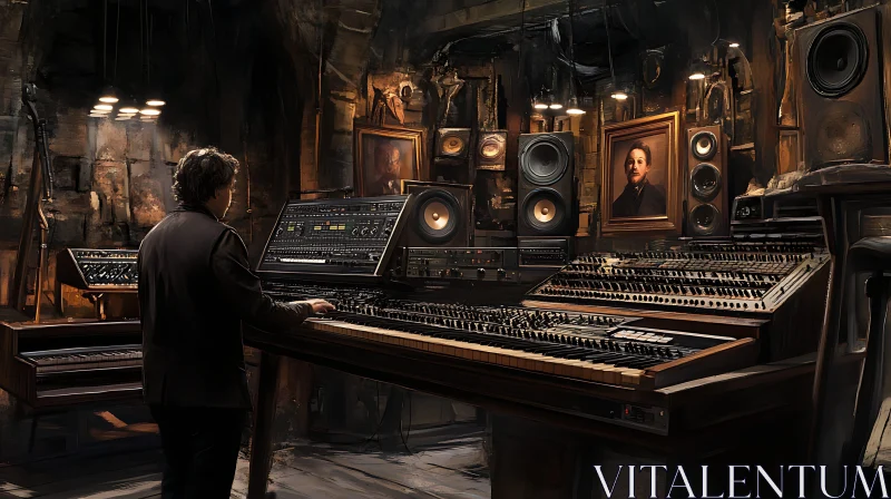 Vintage Synthesizer Studio with Man and Portraits AI Image