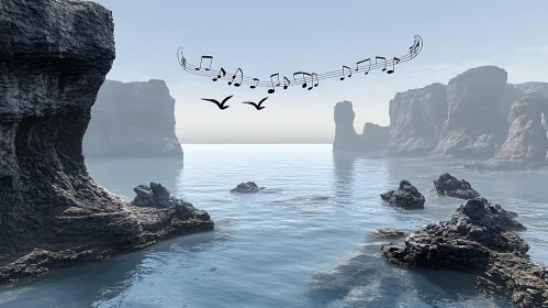 Whimsical Coastal Scene with Birds and Music