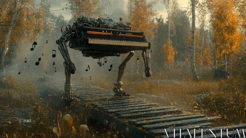 Autumn Forest with Robot Piano AI Image