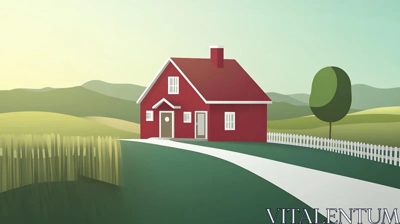 Peaceful Countryside Red House Illustration AI Image