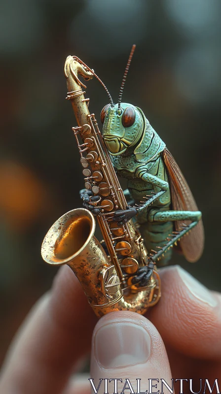 Musical Grasshopper with a Miniature Saxophone AI Image