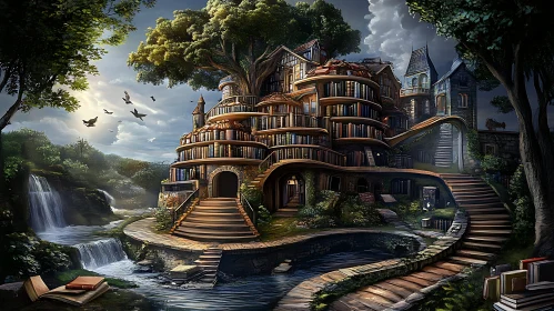 Surreal Library Integrated into Treehouse with Waterfalls