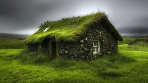 Forest Cabin with Overgrown Roof in Green Meadow