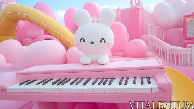 Crowned Bunny on Pink Piano in Playful Setting AI Image