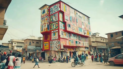 Vibrant Mural Adorned Building in Lively Urban Setting