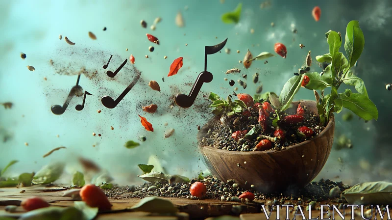 Exploding Bowl of Plants and Musical Notes AI Image