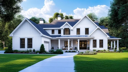 Contemporary White House with Porch and Greenery