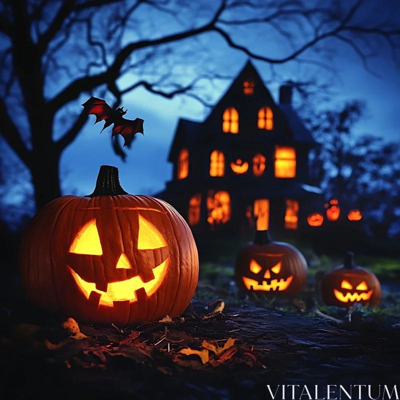 Eerie Halloween Scene with Pumpkins and Haunted Mansion AI Image