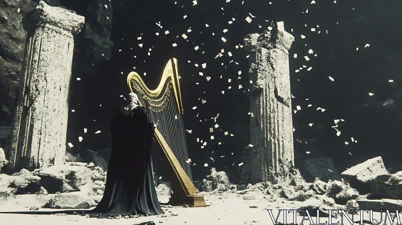 Mysterious Figure and Harp in Ancient Ruins AI Image