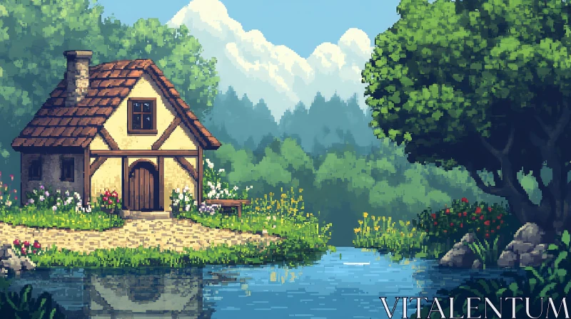 Tranquil Cottage Scene in Pixel Art AI Image