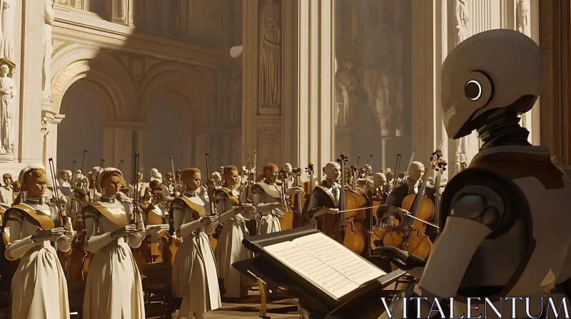 Symphony of Mechanical Musicians in Majestic Architecture AI Image