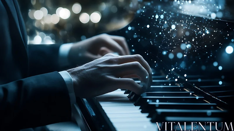 Hands Playing Piano with Technological Overlay AI Image