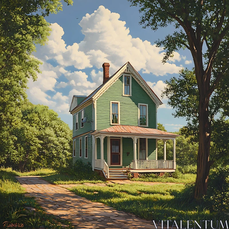 Rustic House with Porch in Verdant Countryside AI Image