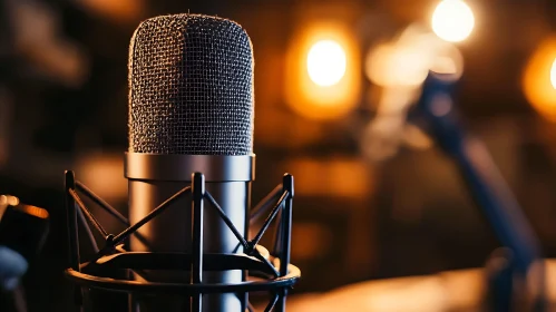 Microphone Setup in Warmly Lit Recording Studio