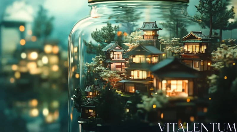 Tiny Village in Glass Jar with Lights AI Image