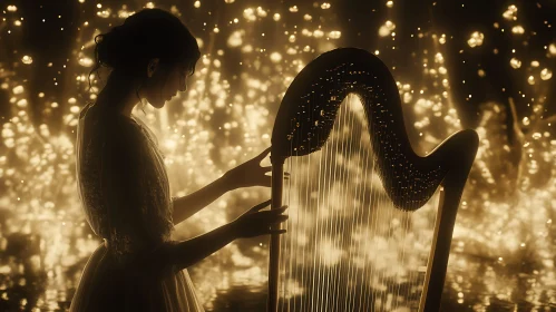 Silhouette of Woman with Harp in Golden Light