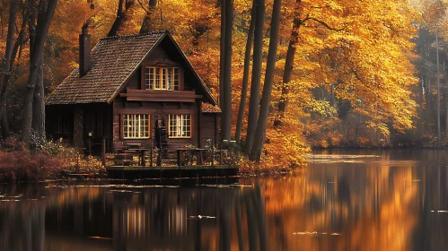 Tranquil Forest Cabin in Autumn by a Reflective Lake