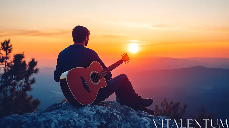 Guitarist Enjoying Mountain Sunset AI Image